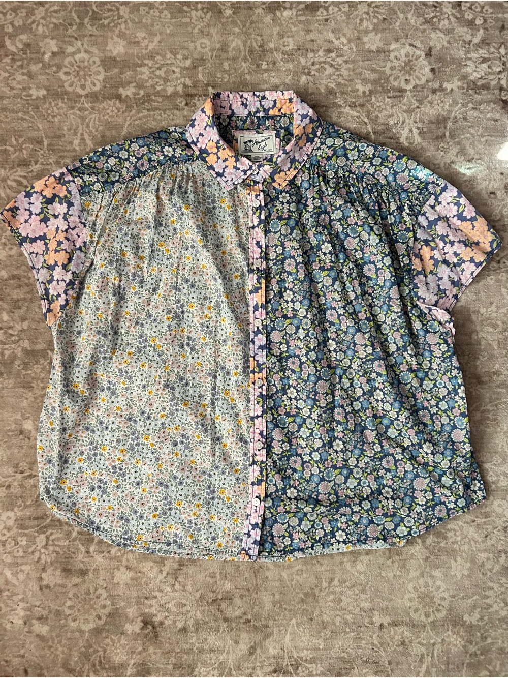 American Eagle Outfitters Floral Patchwork Button-Down - Pink & Blue